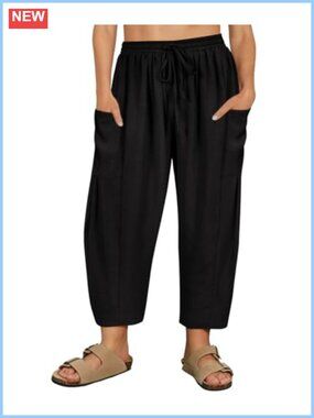 Plus Size Palazzo Harem Pants Drawstring Wide Leg Ankle Length Pockets